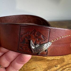 Cole Haan Belt Mens 36 Brown‎ Fish Trout Genuine Leather Brass Buckle USA
